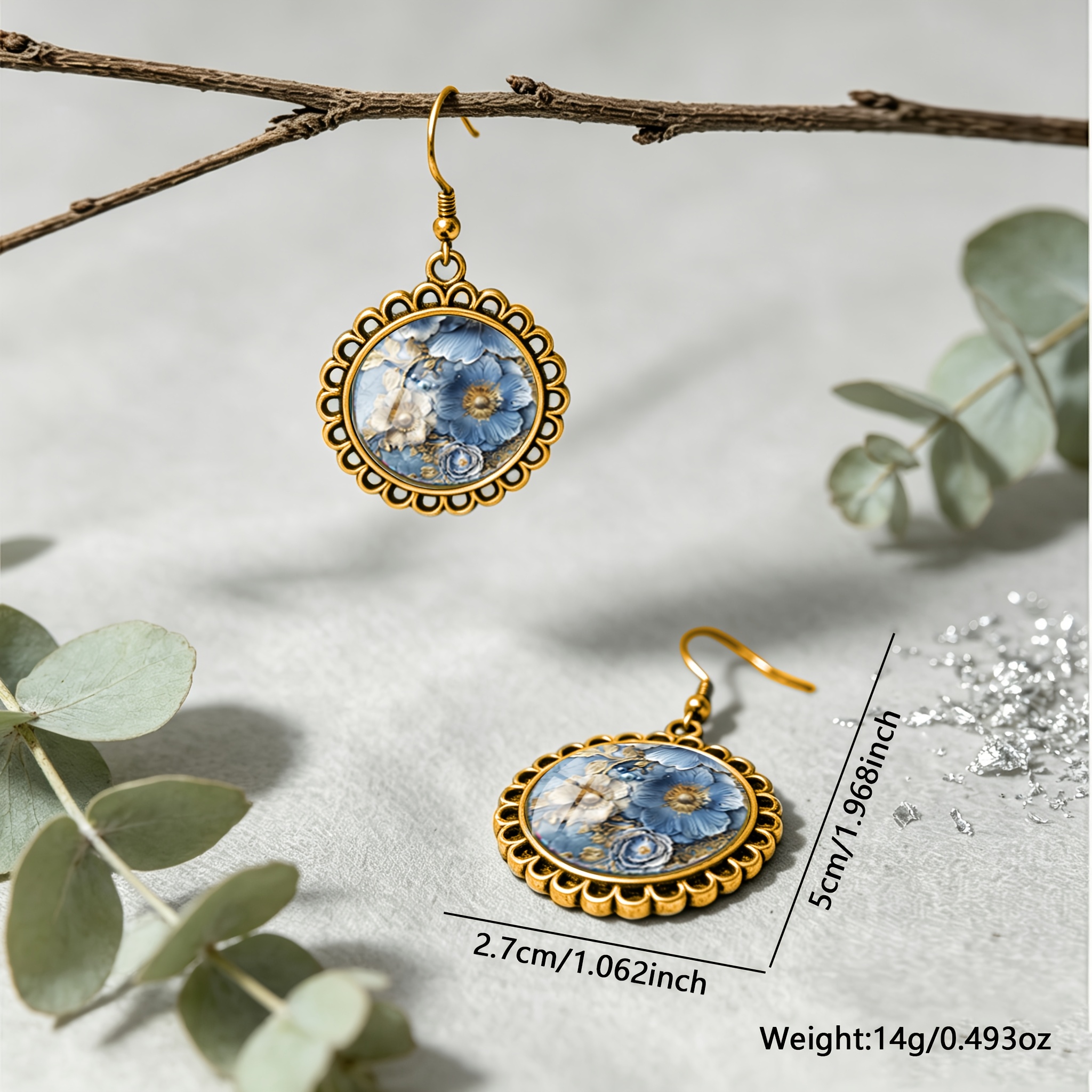 Blue & White Vintage Floral Pattern Round Earrings